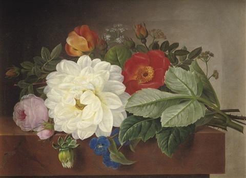 pintura Un Ramo De Flores En Una Repisa De Mármol - Johan Laurentz Jensen