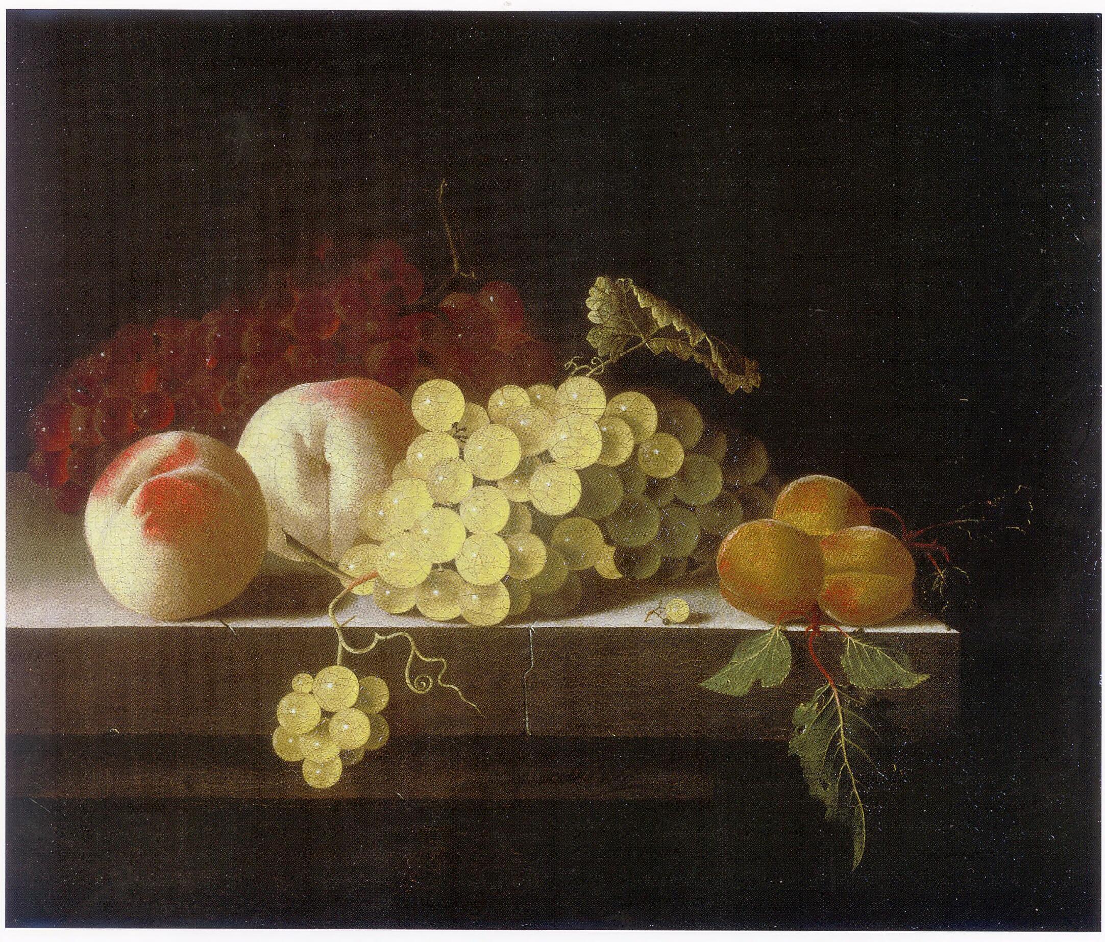 pintura Uvas, Duraznos Y Albaricoques En Un Pedestal De Piedra - Adriaen Coorte