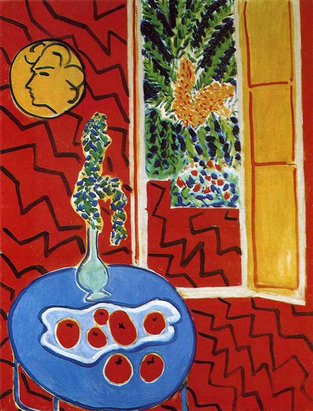 Rood interieur. De natuur optillen op een blauwe tabel 1947