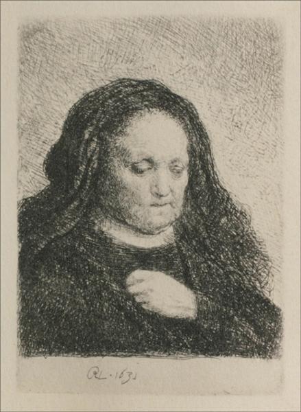 La madre di Rembrandt con un abito nero - come una piccola impressione verticale - 1631