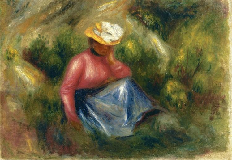 Dívka sedí s kloboukem - 1900