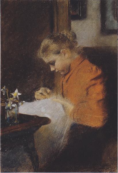Leopoldine Steindl -Moser - Eine Schwester des Künsclers - Nähend - 1895