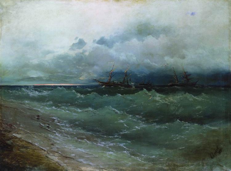 Navires dans la mer Stormy. Dawn - 1871