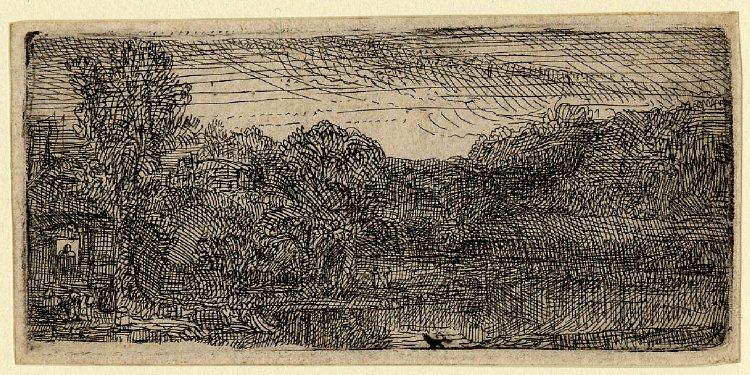 Pequena paisagem cinza: uma casa e árvores ao lado de uma piscina - 1640