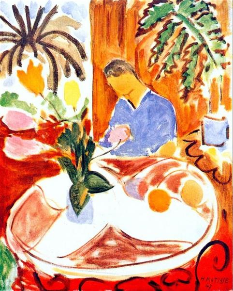 Small interior with round marble table 1947