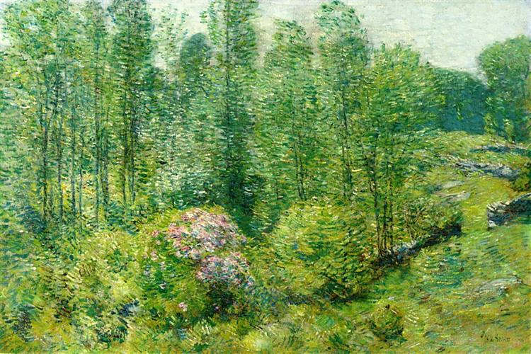 Paysage printanier avec un fermier et un cheval blanc - 1906