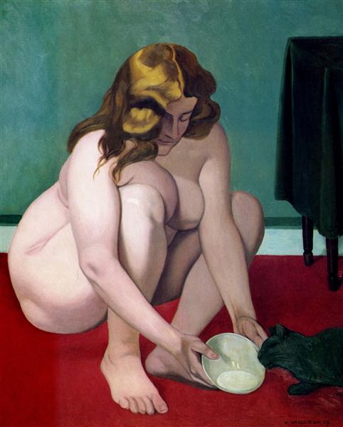 Femme en Cuclillas offrant du lait à un chat - 1919