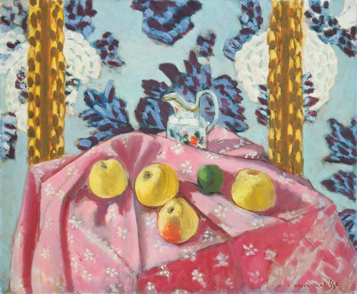 Nature morte avec des pommes sur une nappe rose 1924