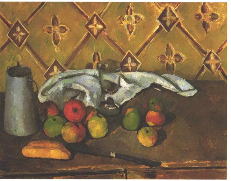 Bodegón avec pommes - serviettes et canette de lait - 1880