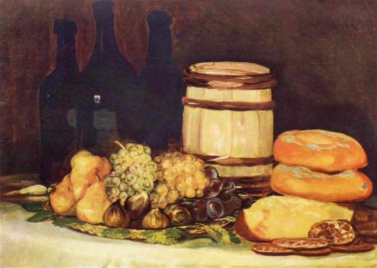Bodegón con frutta - Bottiglie - Bread - 1826