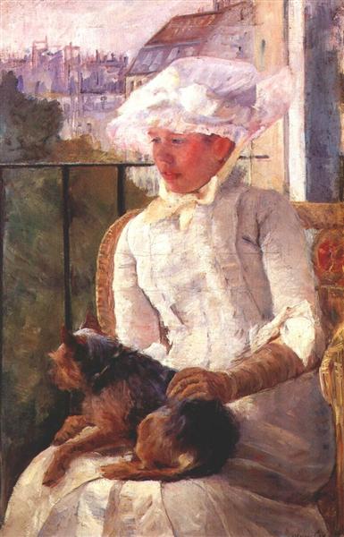 Susan sur un balcon tenant un chien - 1883