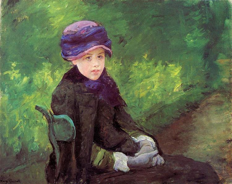 Susan assise à l'extérieur avec un chapeau violet - 1881