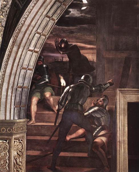 Le guardie fuori dal carcere - Particolare della "Liberazione di San Pietro" nella Stanza di D'Eliodoro - 1514