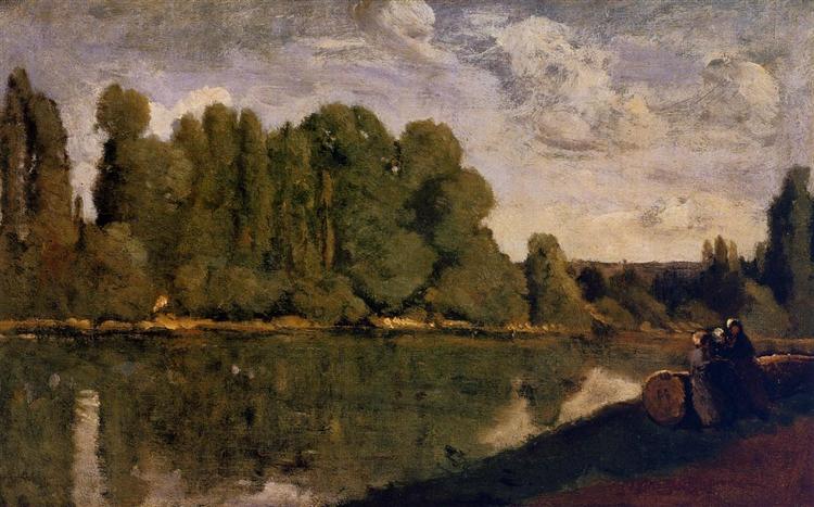 Die drei Frauen der Rhone sitzen auf dem Stamm eines Baumes am Flusskante - 1855