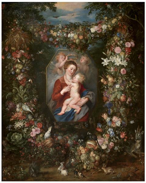 La Vergine e il bambino in una foto circondata da frutta e fiori - 1620