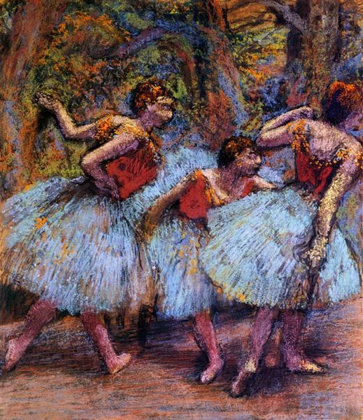 Drie ballerina's - blauwe rokken - rode blouses - 1903
