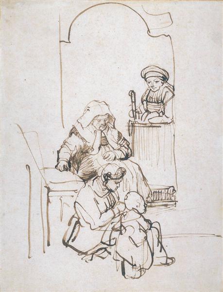 Três mulheres e uma criança à porta - 1645