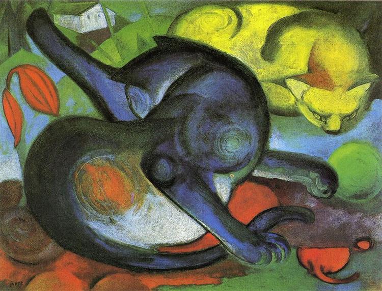 2匹の猫:青と黄色-1912