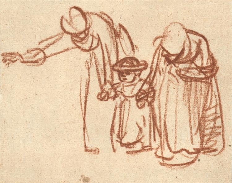 Deux femmes qui enseignent à un enfant à marcher - 1637