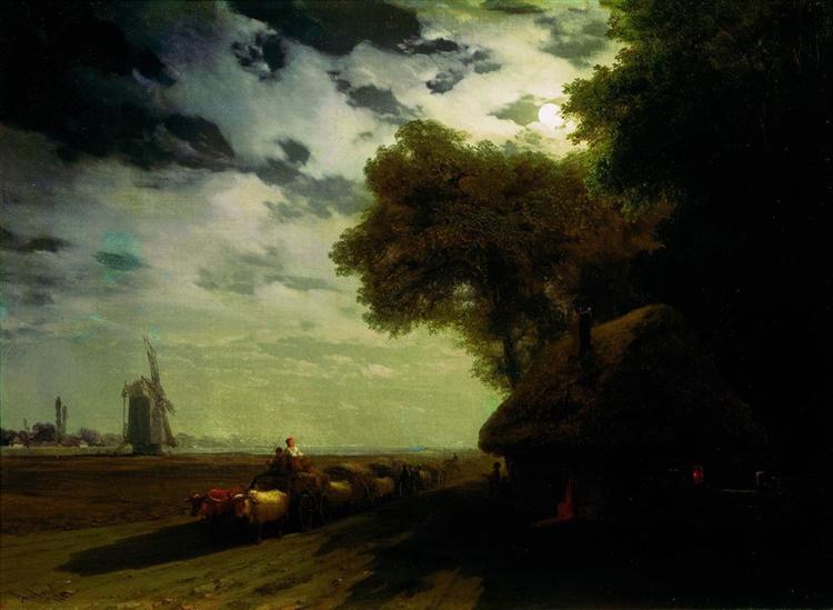 Ukrainische Landschaft mit Chumaks im Mondlicht - 1869