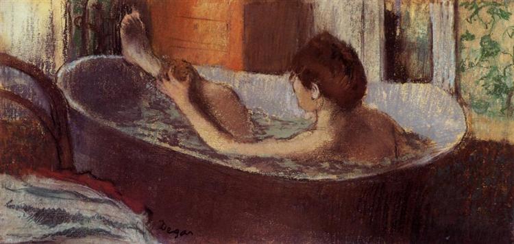 Femme dans une salle de bain se frottant la jambe avec une éponge - 1884