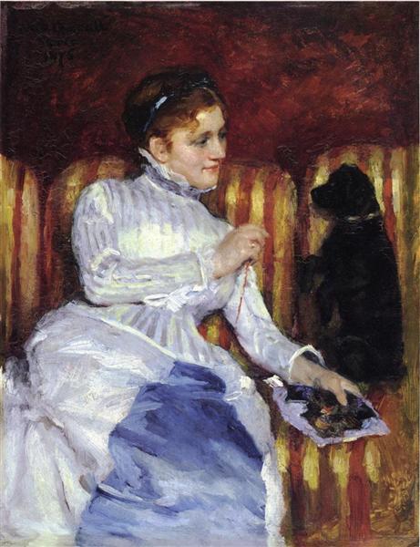 Femme sur un canapé rayé avec un chien - 1875