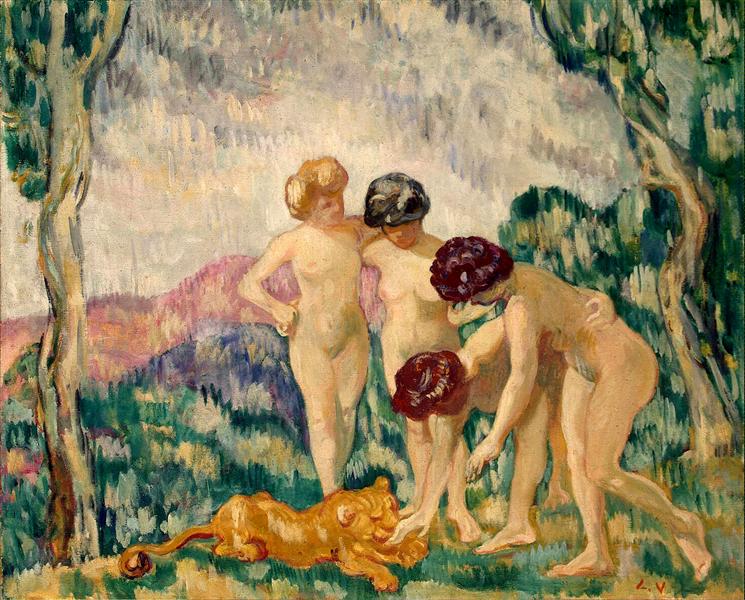 Tytöt leikkivät leijonanpentulla - 1906