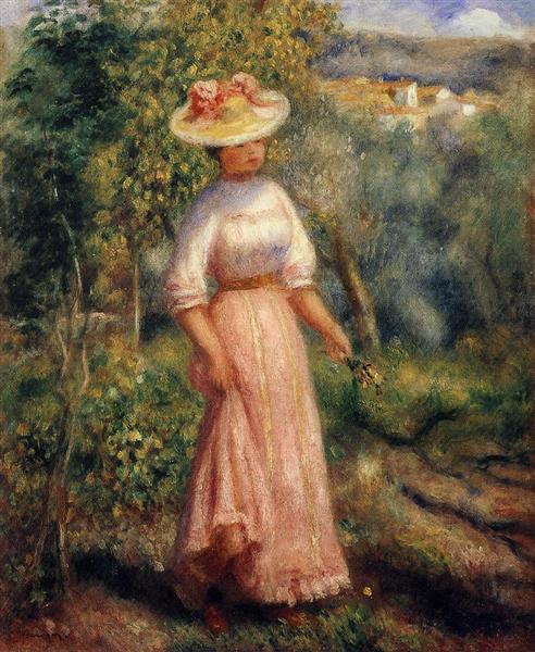 Jeune femme vêtue de rouge dans les champs - 1900