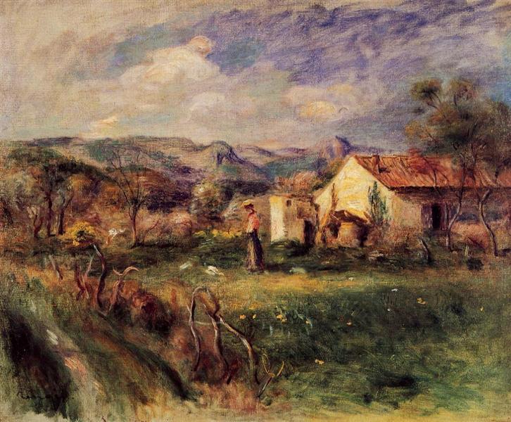 Jeune femme debout près d'une ferme à Milly - 1892