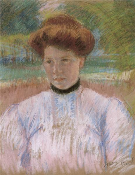 Jeune femme aux cheveux bruns rougeâtre et chemisier rose - 1895