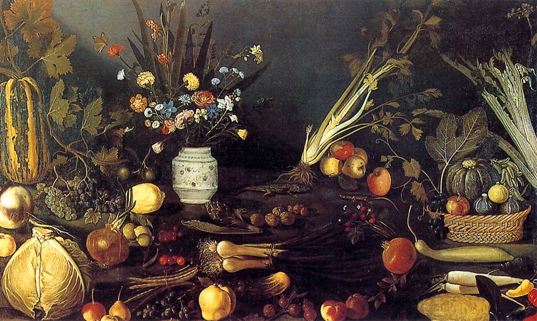 Flowers, Fruits, Vegetables and Two Lizards