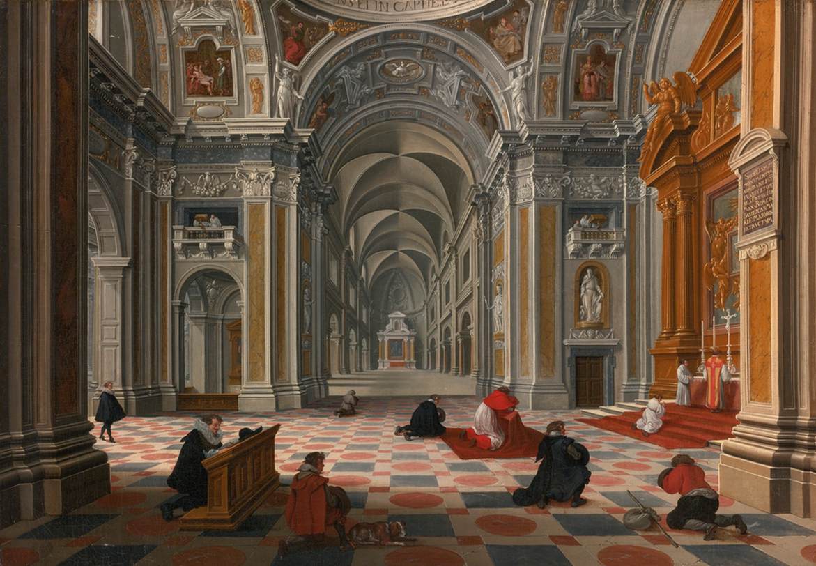 Figures at Mass in an Decorated Church Interior