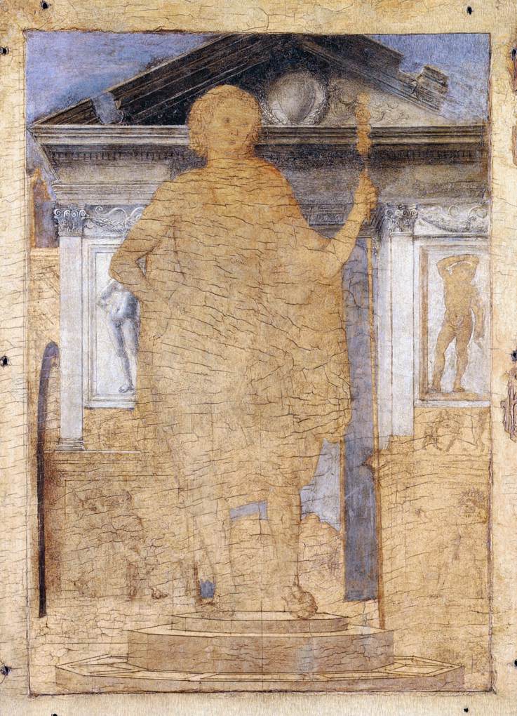Heldenfigur vor einem architektonischen Hintergrund