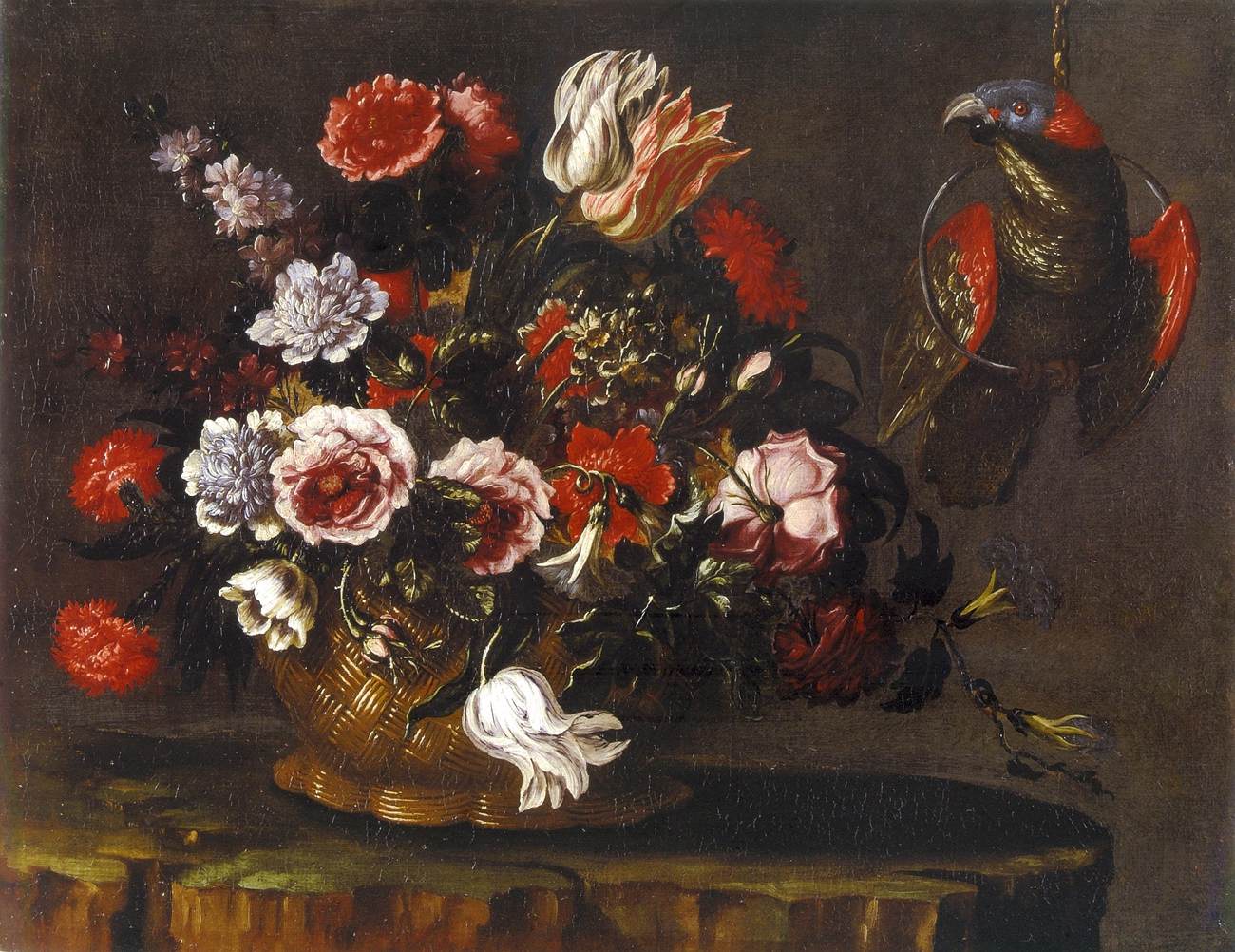 Panier de fleurs avec perroquet