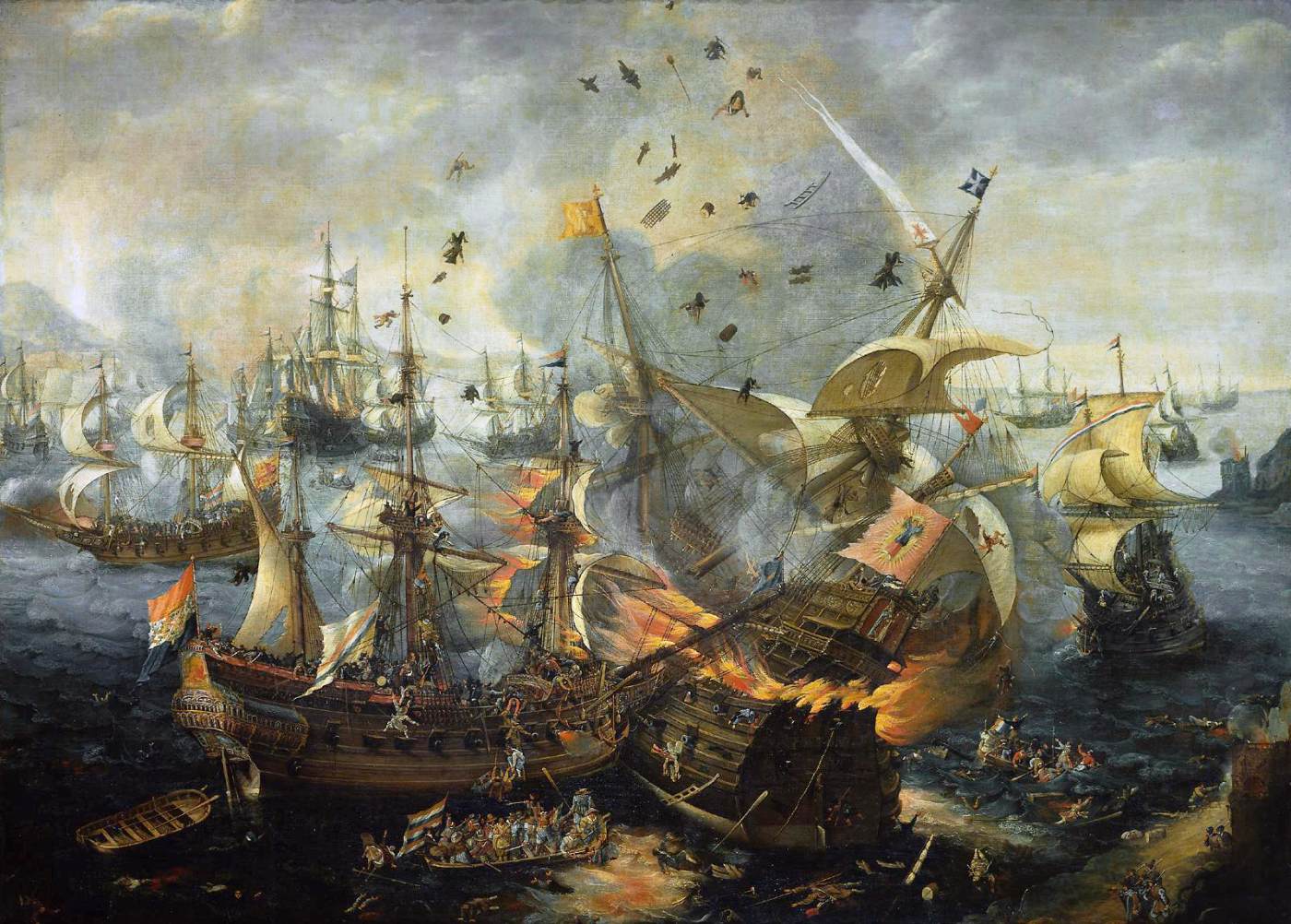 L'explosion du navire amiral espagnol pendant la bataille de Gibraltar