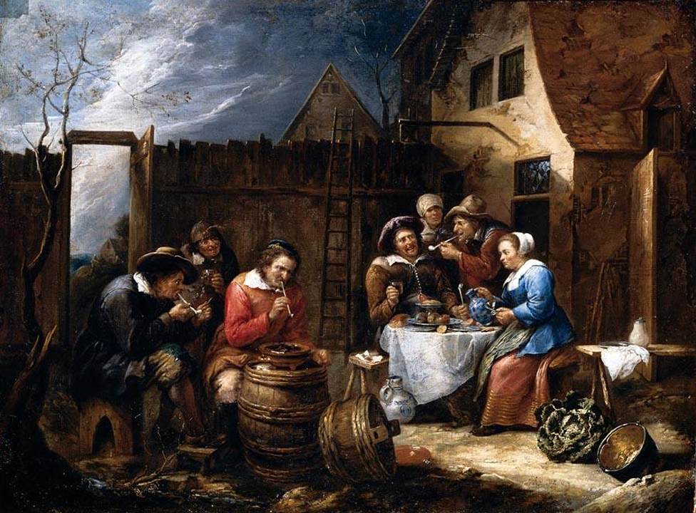 Boors Comiendo Beber y Fumar Afuera de una Cabaña