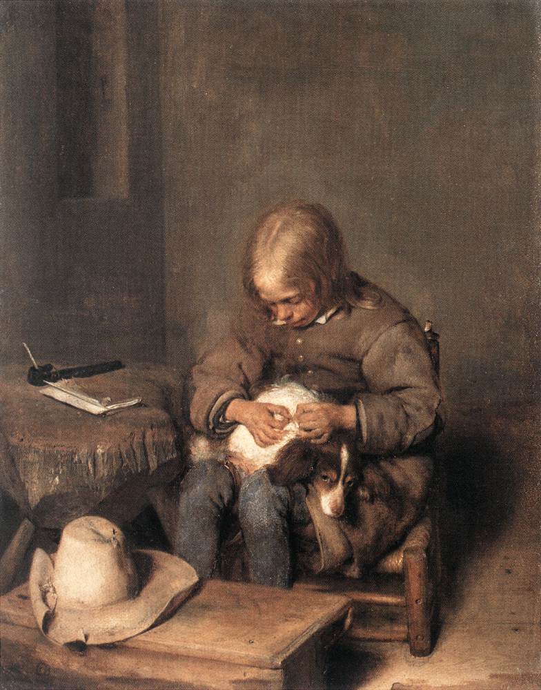 Ragazzo che versa il suo cane da pulci
