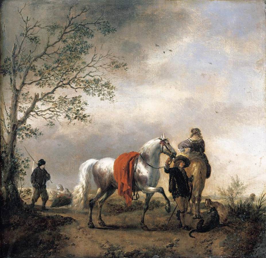 Chevalier tenant un cheval gris marbré