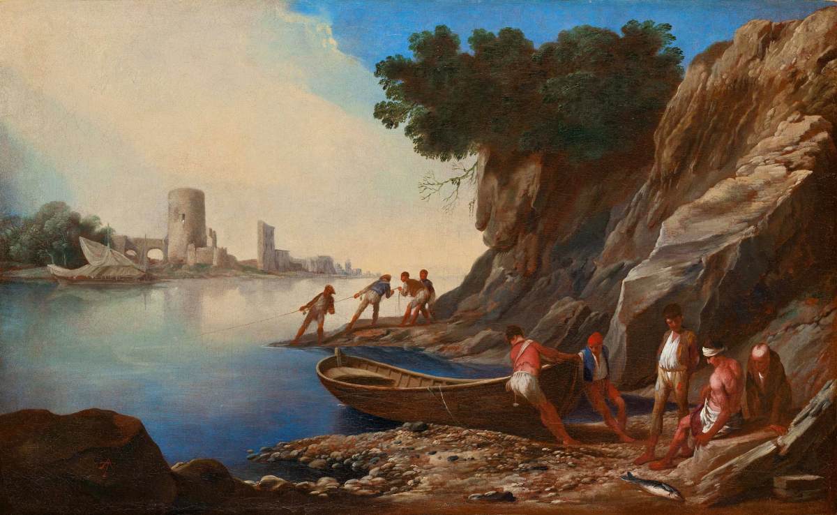 Paesaggio costiero con pescatori