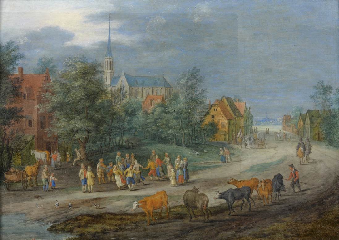 Gli abitanti del villaggio che ballano al limite di una città