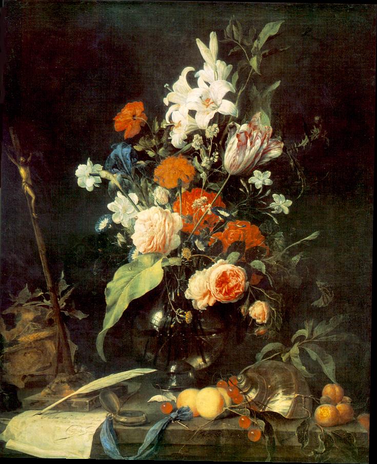 Fiori che muoiono con crocifisso e cranio