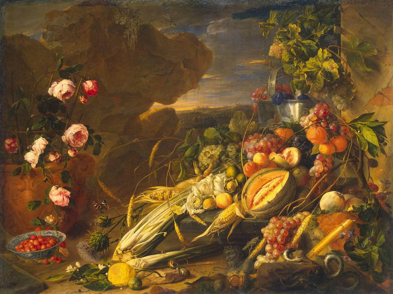 Früchte und eine Blumenvase
