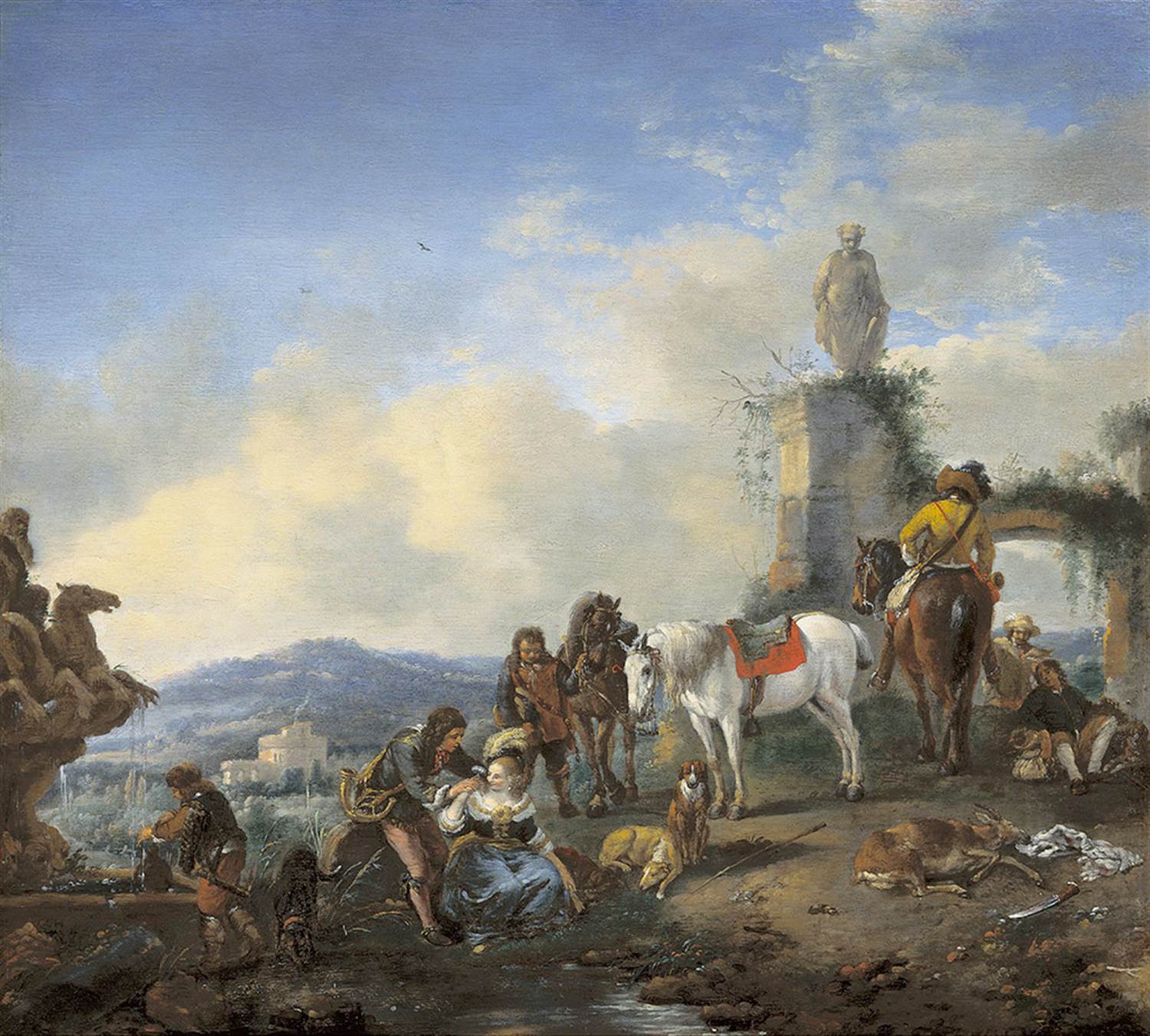 Les chasseurs se reposant à côté d'une fontaine