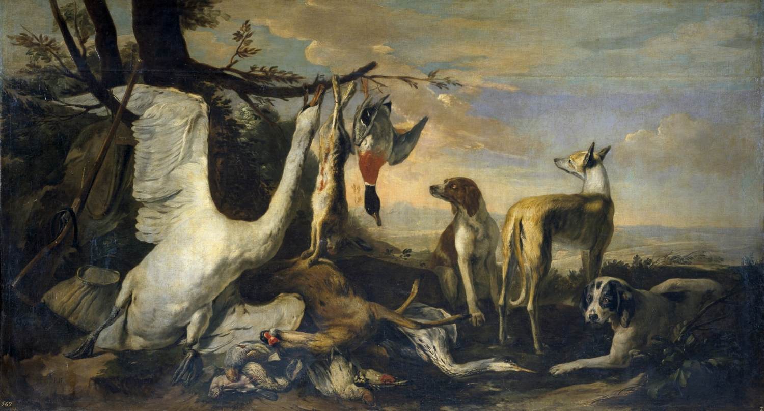 Chasse d'une nature morte avec des chiens et un cygne mort