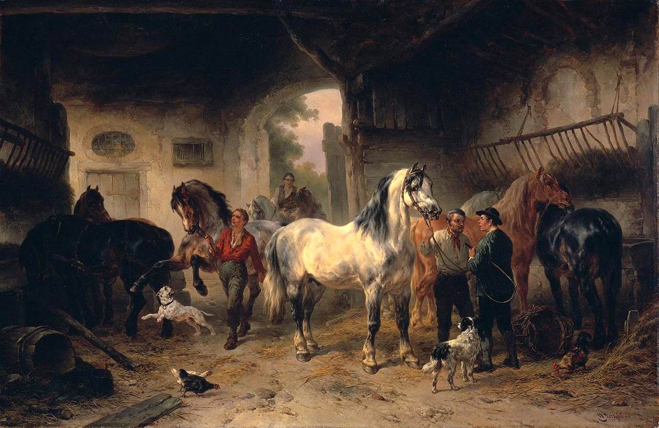 Interior do celeiro com cavalos e figuras