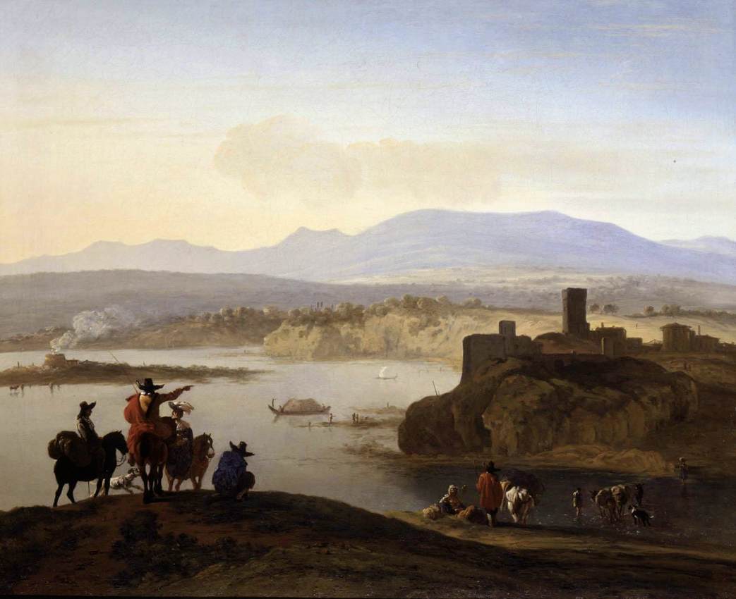 Paesaggio italiano con viaggiatori a cavallo