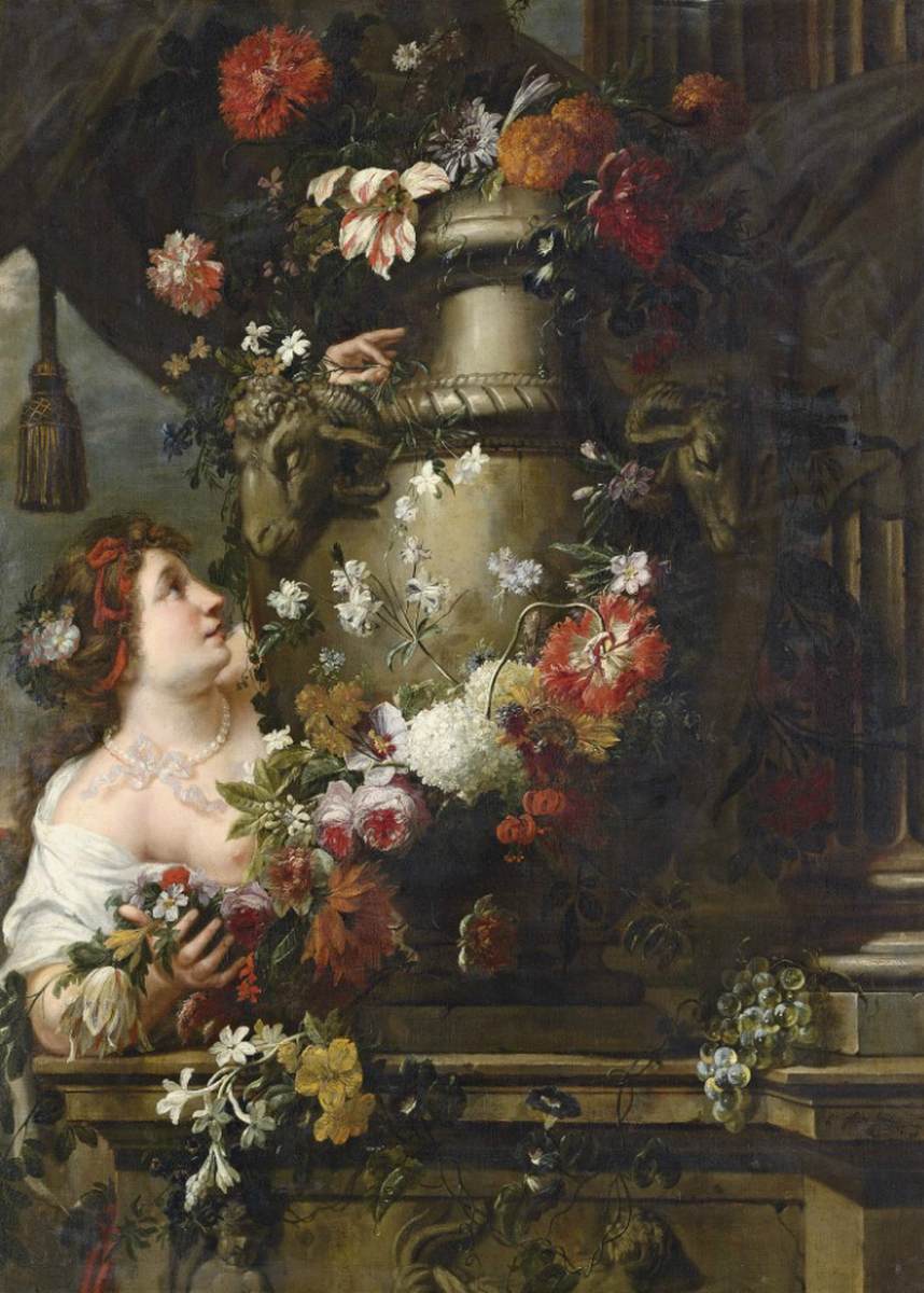 Una signora che adorna un'urna scolpita