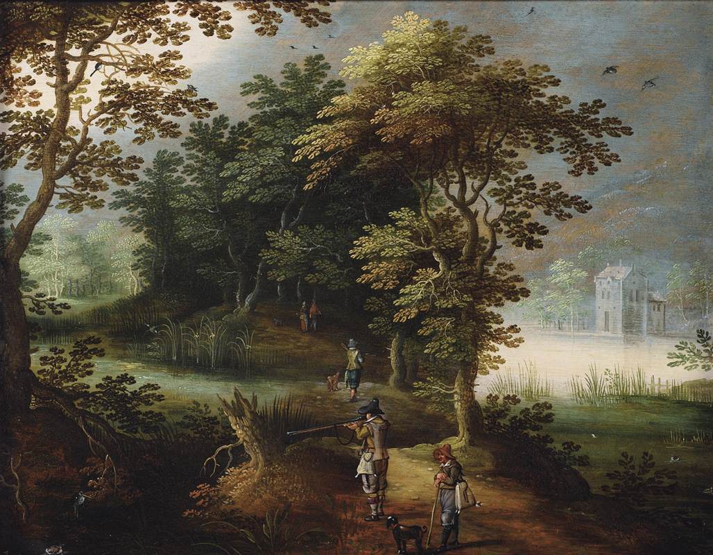 Paysage avec des chiffres de vol de canard