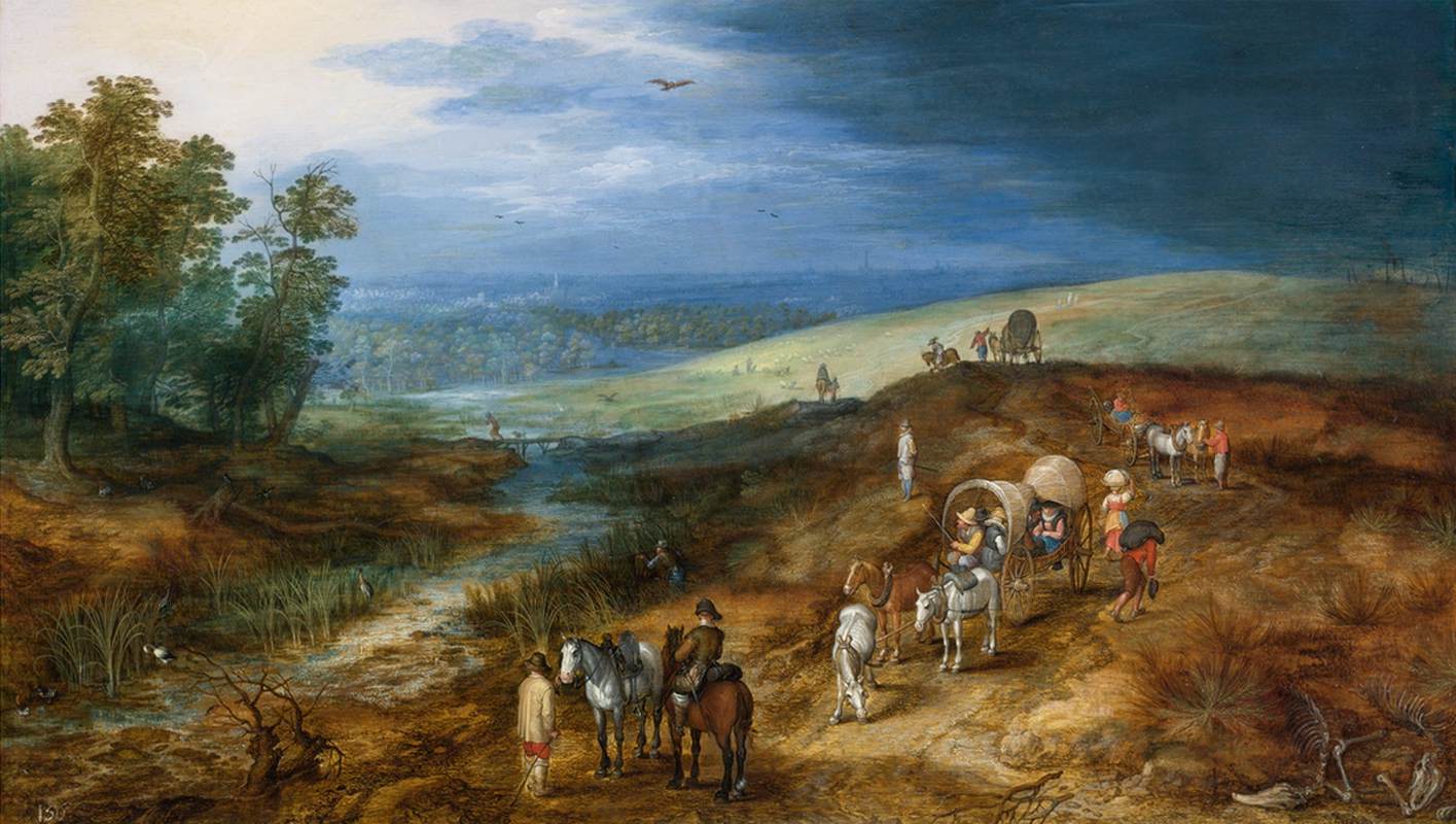 Paesaggio con viaggiatori e cacciatore