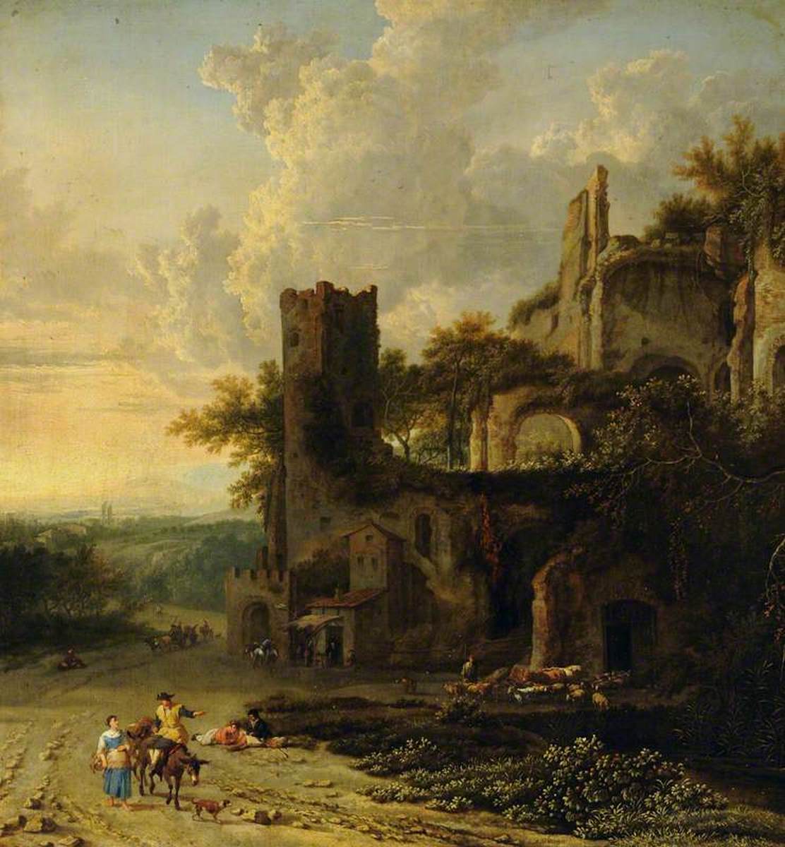 Italian Landscape with Peasants Next to Ruined Castle